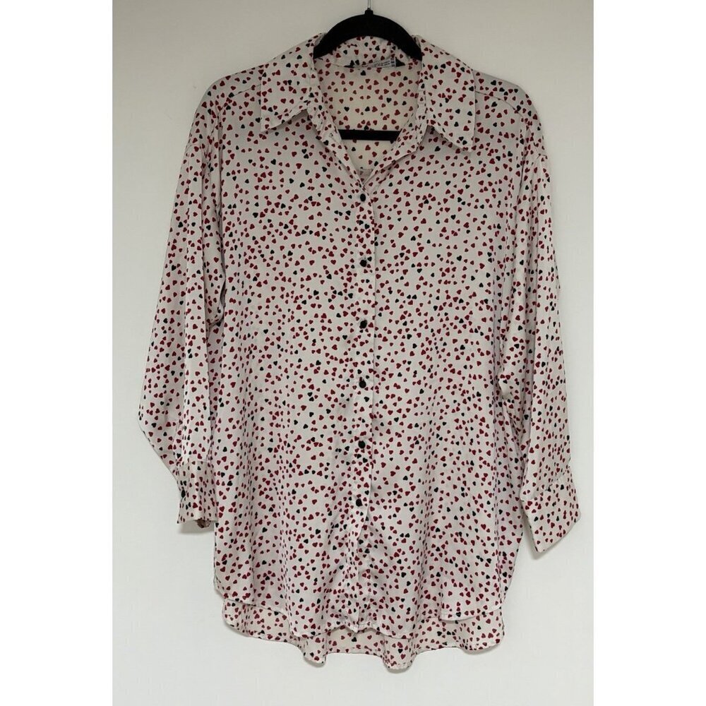Zara Silky Hearts Women’s Long Sleeve Button Down Collar Oversized Top Size XS